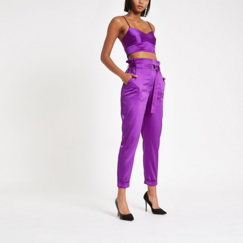 River Island Purple satin paper bag waist trousers | bright party fashion