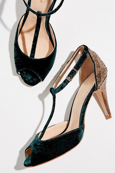 Rachel Simpson Olivia Glitter-Panelled Velvet Heels in Green | luxe style party shoes - flipped