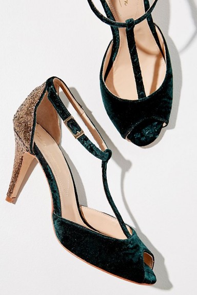 Rachel Simpson Olivia Glitter-Panelled Velvet Heels in Green | luxe style party shoes