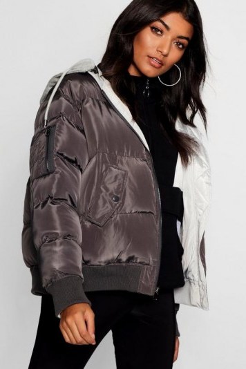 boohoo Reversible Hooded Bomber Jacket in Charcoal - flipped