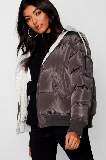 boohoo Reversible Hooded Bomber Jacket in Charcoal