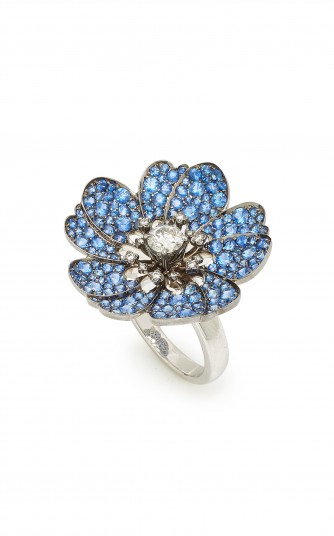 Nam Cho Rhodium-Plated 18K White Gold, Sapphire And Diamond Flower Ring ~ blue stone statement jewellery