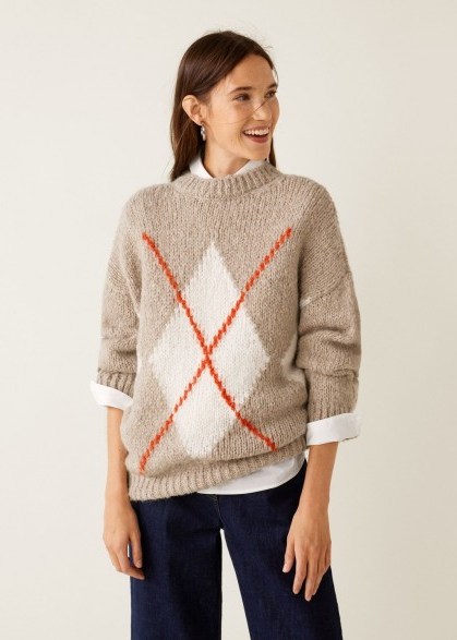 MANGO Rhombus design sweater in beige – STEEVE | chunky patterned jumper - flipped