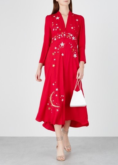 RIXO LONDON Margo red star-embroidered midi dress ~ celestial party dresses - flipped