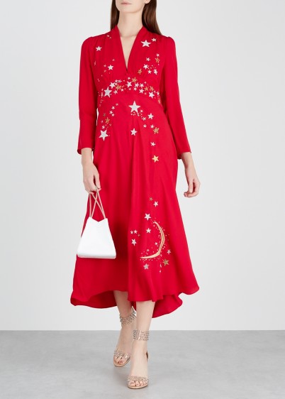 RIXO LONDON Margo red star-embroidered midi dress ~ celestial party dresses