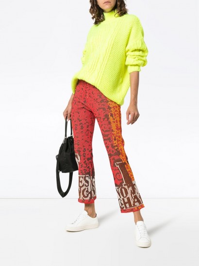 RUDI GERNREICH Nothing Changes Cropped Flare Trousers / sequin & beaded slogan pants / retro fashion