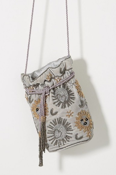 St Xavier Sabine Grey Velvet Sun & Moon Drawstring Bag | luxe beaded bags