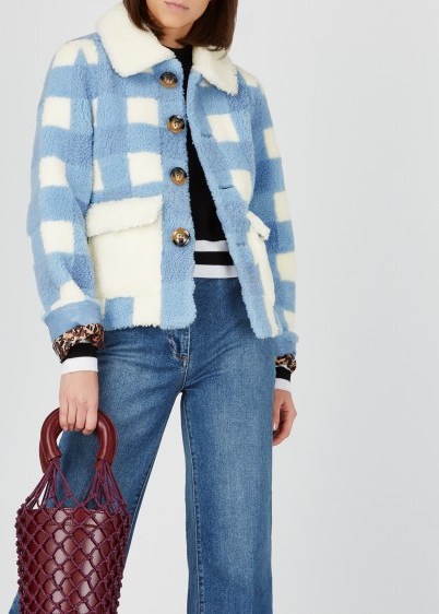 SAKS POTTS Lucy blue and white checked shearling jacket - flipped