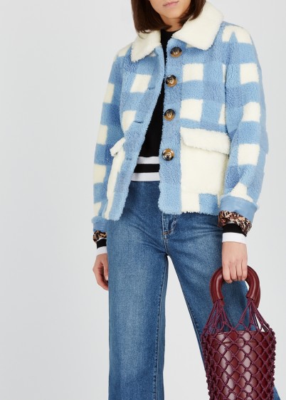 SAKS POTTS Lucy blue and white checked shearling jacket