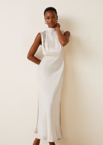 MANGO Satin gown in ivory white | chic keyhole back dress - flipped