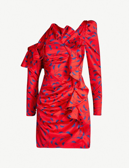 SELF-PORTRAIT Printed ruffle satin mini dress in red – glamorous party dresses