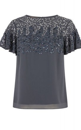 OASIS SEQUIN FLUTE SLEEVE TOP in MID GREY | sparkly party fashion - flipped