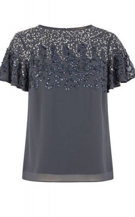 OASIS SEQUIN FLUTE SLEEVE TOP in MID GREY | sparkly party fashion