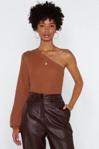 NASTY GAL Shoulder What You’re Made Of Sweater in Amber – glamorous brown tone tops - flipped