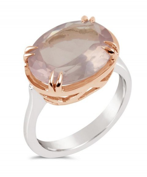DINNY HALL Silver and Rose Gold Cassiopeia Rose Quartz Ring – pink stone rings - flipped