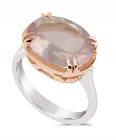 DINNY HALL Silver and Rose Gold Cassiopeia Rose Quartz Ring – pink stone rings
