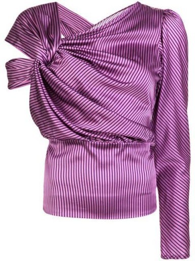 SILVIA TCHERASSI pinstripe asymmetric blouse in Lavender – purple striped silk ruched top - flipped