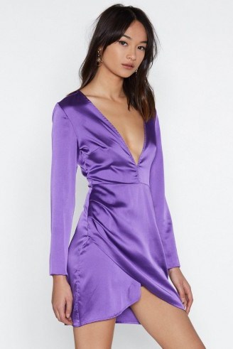 NASTY GAL Slip Away Satin Dress in Purple – plunging party dress – wrap style - flipped