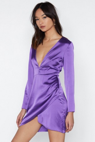 NASTY GAL Slip Away Satin Dress in Purple – plunging party dress – wrap style