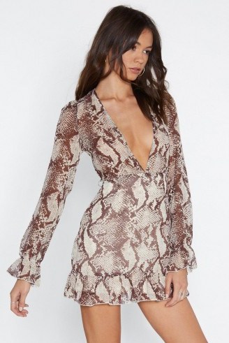 NASTY GAL Slither You Like It or Not Snake Dress in Brown – reptile print plunge front dress - flipped
