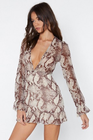 NASTY GAL Slither You Like It or Not Snake Dress in Brown – reptile print plunge front dress