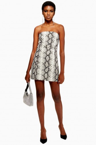 TOPSHOP Snake Print Bandeau Dress in Grey – strapless party mini