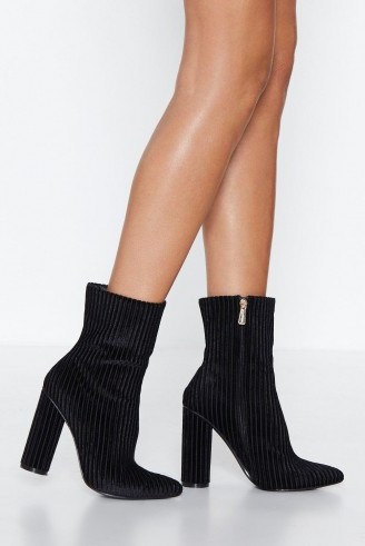 NASTY GAL Sock ‘Em Heeled Boot in Black – textured ribbed velvet boots - flipped
