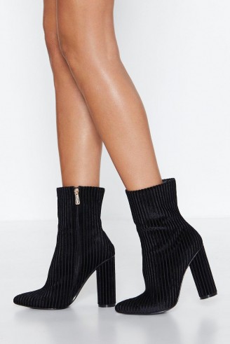 NASTY GAL Sock ‘Em Heeled Boot in Black – textured ribbed velvet boots