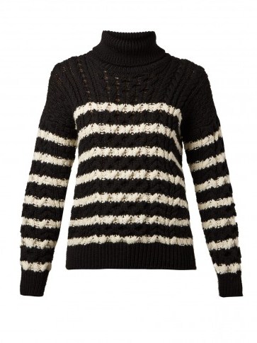 LOEWE Black and White Striped cable-knit roll-neck wool sweater | monochrome knitwear - flipped