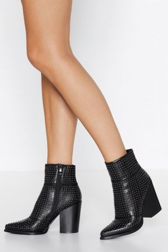 NASTY GAL Stud-y Buddy Heeled Boot in Black – studded chunky heel boots - flipped
