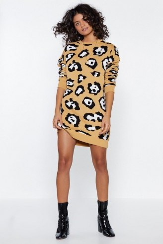 NASTY GAL Take Meow-t Leopard Sweater Dress in Tan – shades of brown knitwear - flipped