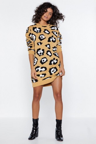 NASTY GAL Take Meow-t Leopard Sweater Dress in Tan – shades of brown knitwear