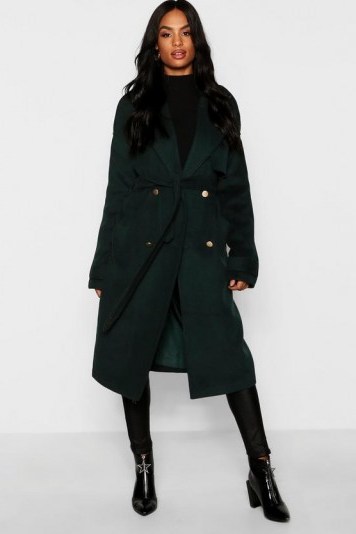 boohoo Tall Double Breasted Wool Look Coat in Green | belted winter coats - flipped