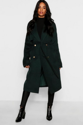 boohoo Tall Double Breasted Wool Look Coat in Green | belted winter coats
