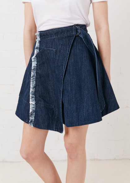 HOUSE OF HOLLAND TAPED DENIM WRAP SKIRT | distressed with D-ring belt