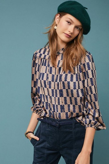 The Odells Thales Geometric Blouse in Blue Motif / chic printed top - flipped
