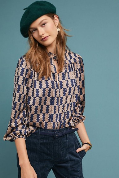 The Odells Thales Geometric Blouse in Blue Motif / chic printed top