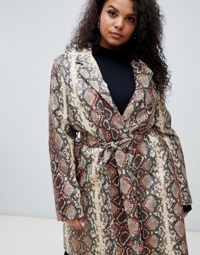 UNIQUE21 Hero Plus oversized coat in snake print with faux fur collar in grey – reptile prints - flipped
