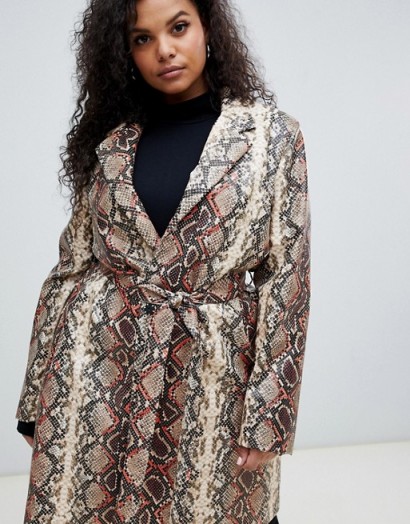 UNIQUE21 Hero Plus oversized coat in snake print with faux fur collar in grey – reptile prints