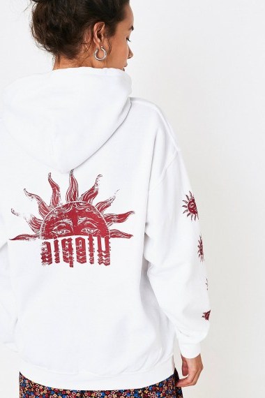 UO Celestial Hoodie in White – printed pullover hoodie – sporty sun print top - flipped