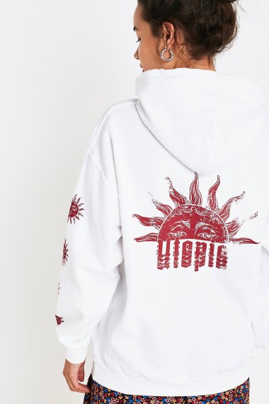 UO Celestial Hoodie in White – printed pullover hoodie – sporty sun print top