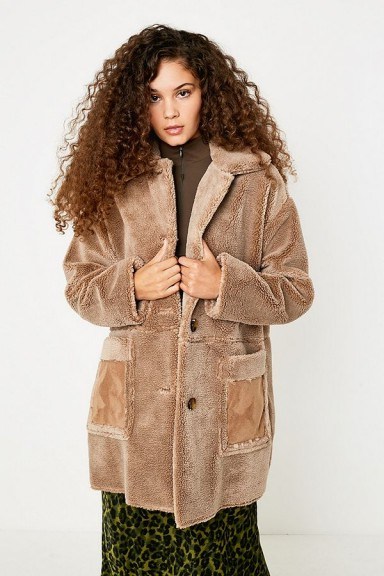 UO Faux Shearling Coat in Beige / light brown winter coats - flipped
