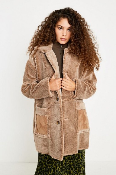 UO Faux Shearling Coat in Beige / light brown winter coats