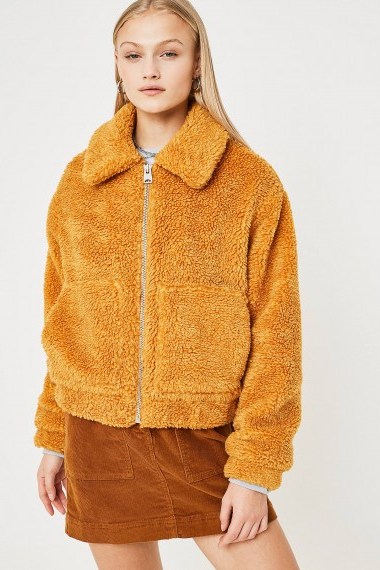 UO Marigold Teddy Crop Jacket in Yellow - flipped