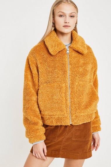 UO Marigold Teddy Crop Jacket in Yellow