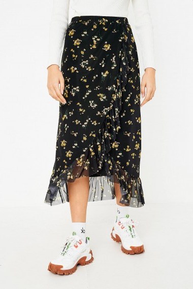 UO Mesh Frill Midi Skirt in Black Multi / floral fashion - flipped