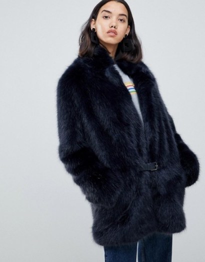 Urban Code Bailey faux fur car coat in Navy – luxe blue fluffy winter coat - flipped