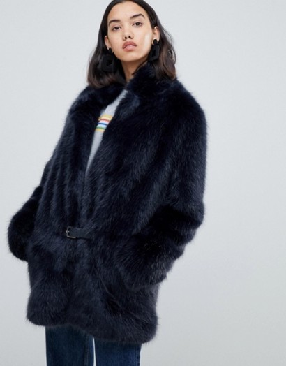 Urban Code Bailey faux fur car coat in Navy – luxe blue fluffy winter coat