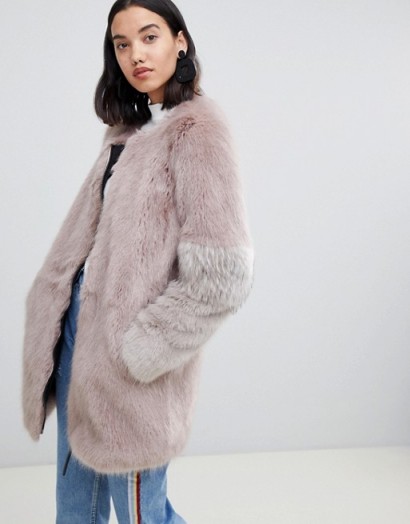 Urban Code Claudia faux fur collarless zip coat in Praline – fluffy vintage style winter coats