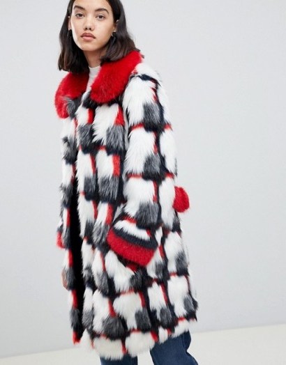 Urban Code printed patchwork faux fur coat in Blizzard – luxe winter coats - flipped